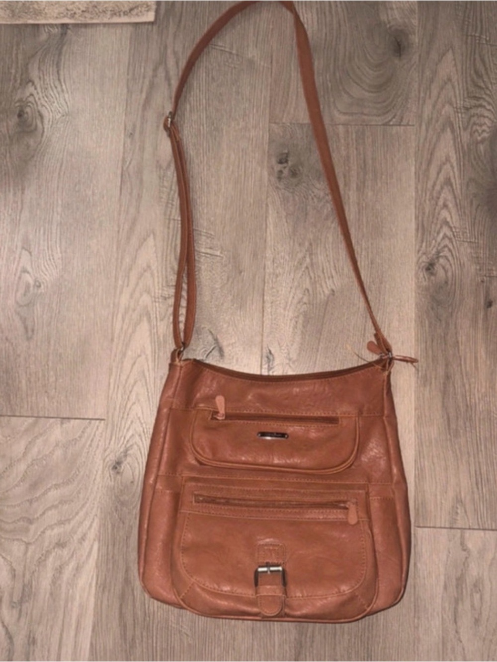 Sleek Tan Crossbody Bag with Front Zip Pockets
